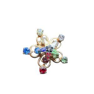 Vintage Rainbow Rhinestone Eastern Star Gold-Tone Brooch Pin